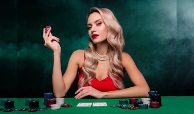 Blonde Woman In Red Dress, Pearls At Poker Table