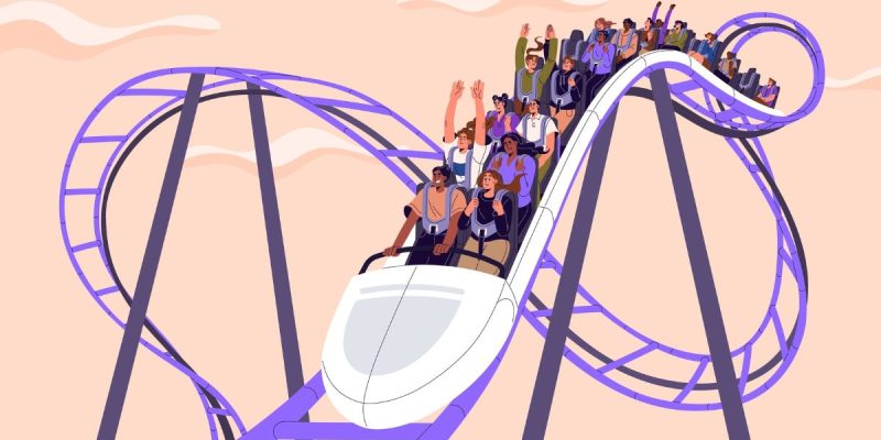 Cartoon Of People Riding Purple Roller Coaster
