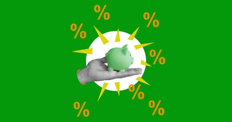 Hand Holds Green Piggy Bank With Percent Symbols