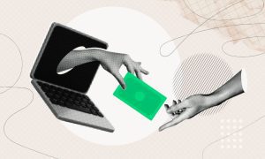 Hands Exchange Payment Through Laptop Collage Illustration