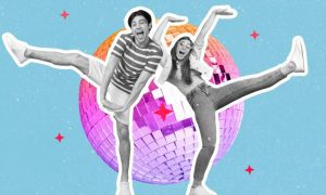 Happy Man And Woman Having A Crazy Time With Disco Ball