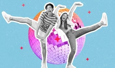 Happy Man And Woman Having A Crazy Time With Disco Ball