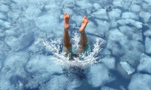 Man's Legs Break Surface Of Ice Water