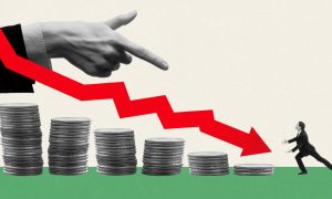 Red Downward Trending Arrow Above Stacked Coins