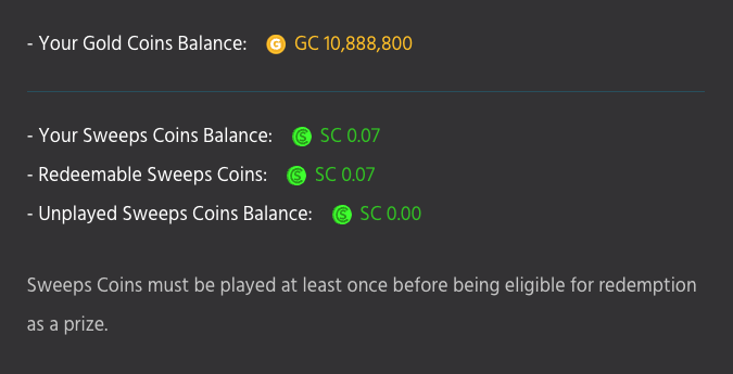 Chumba Casino SC balance view