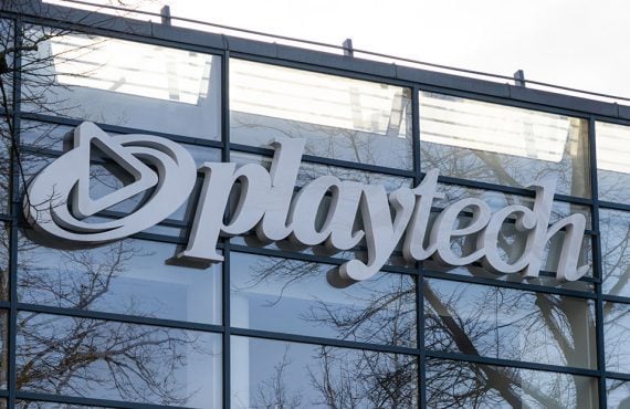 Playtech logo on an office building in Riga, Latvia