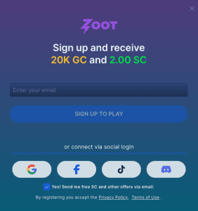 Zoot Casino sign-up bonus page
