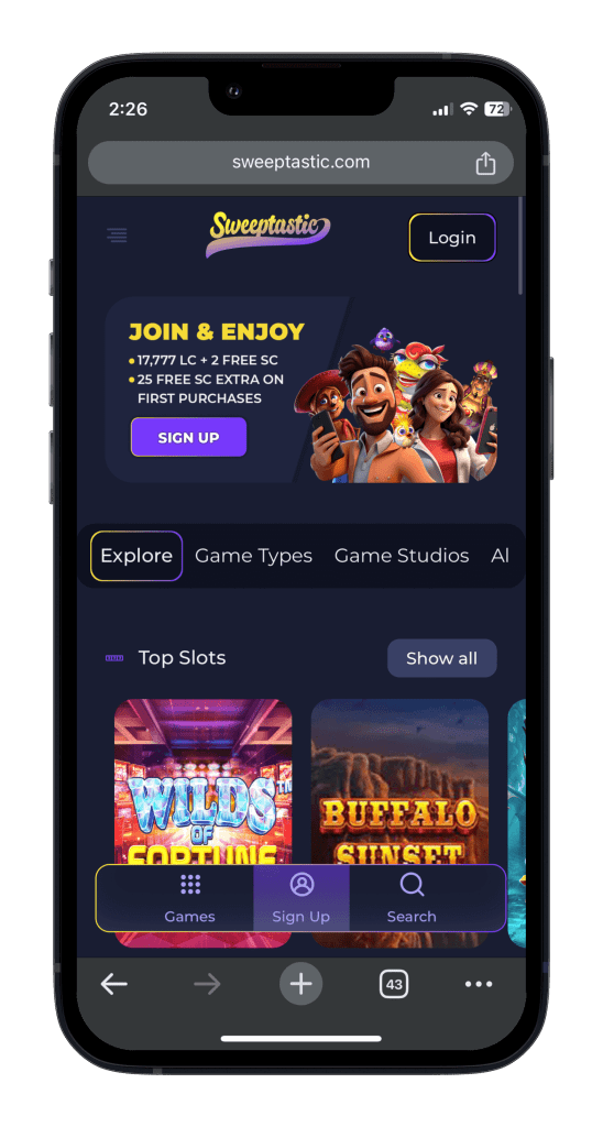 Sweepstastic casino mobile view
