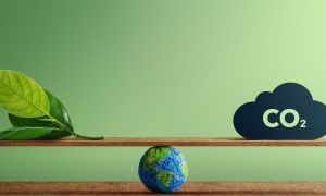 a balancing board over earth featuring a co2 cloud and a leaf
