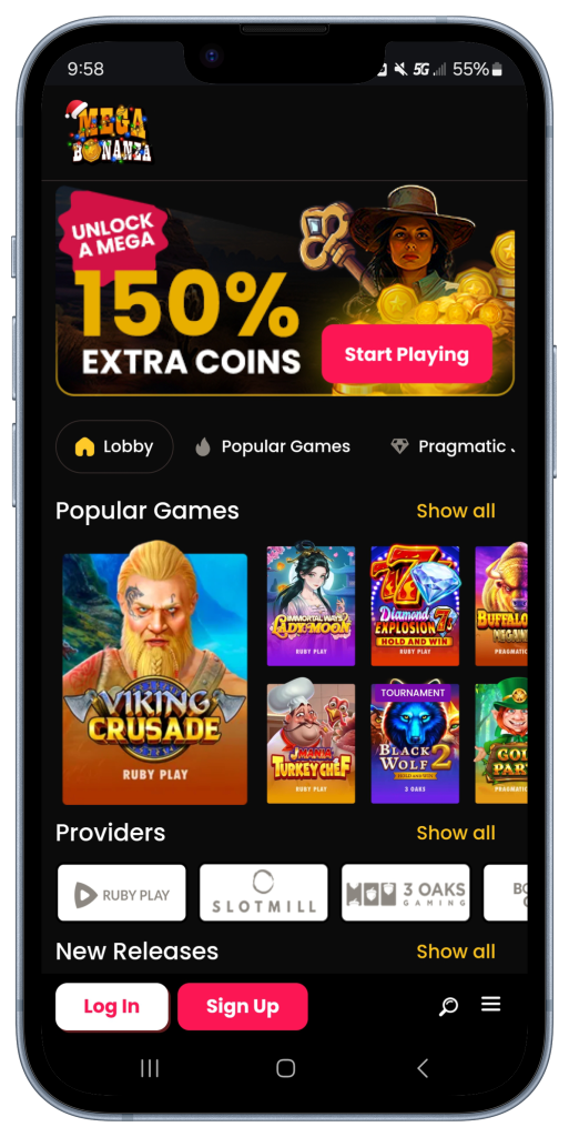 An iphone showing the MegaBonanza casino main lobby