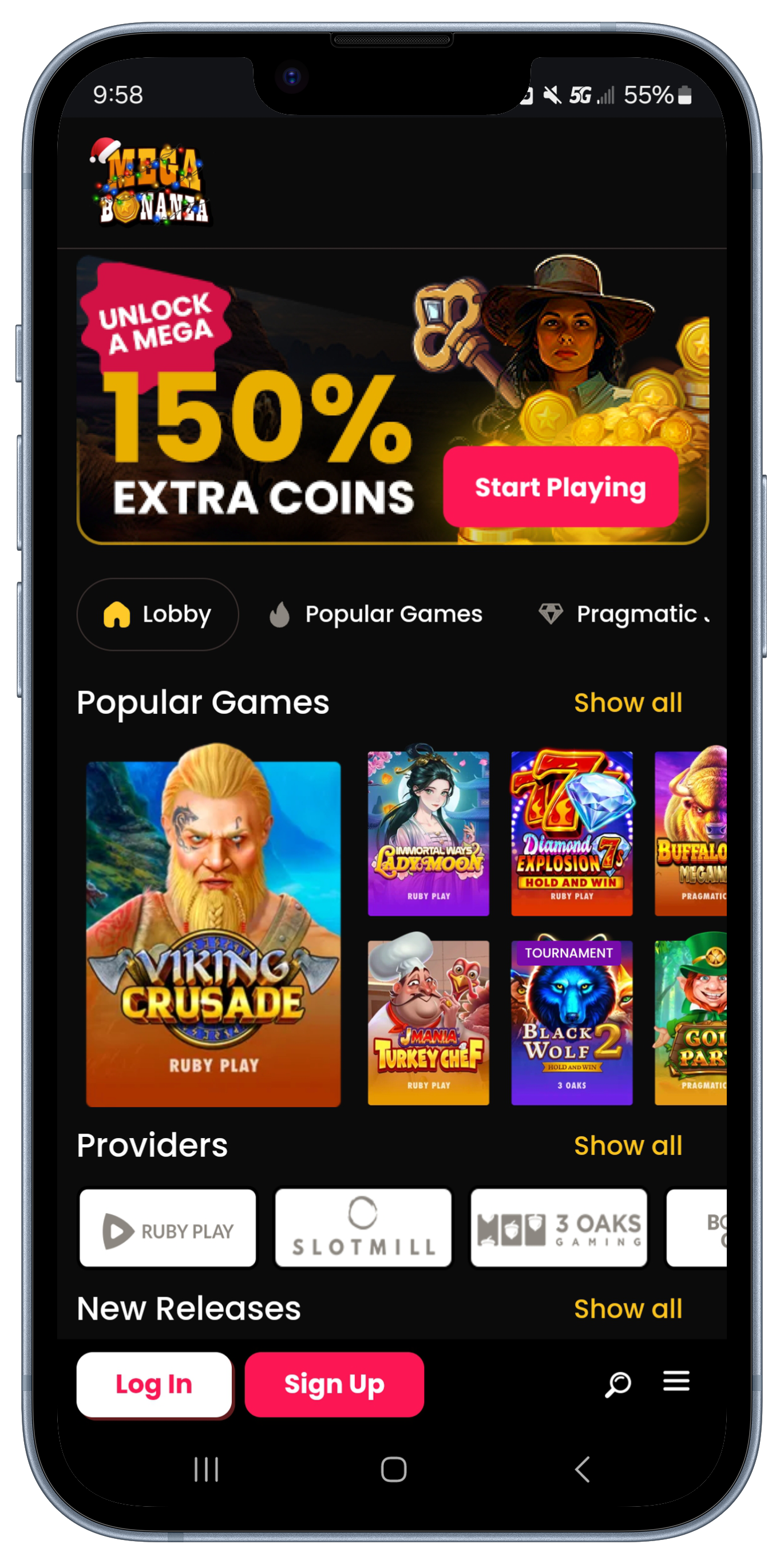 An iphone showing the MegaBonanza casino main lobby