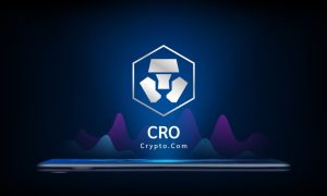 crypto com logo over blue background