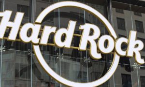 a hard rock sign outside a building