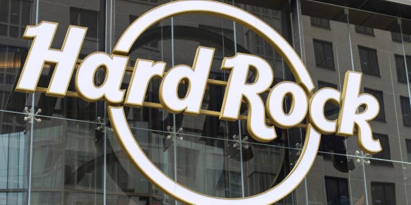 a hard rock sign outside a building