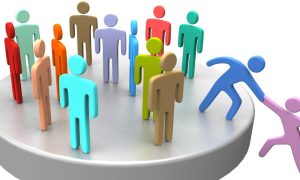 a group of cutout men on a platform with one helping another up