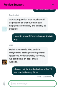 Funrize Live customer support chat session