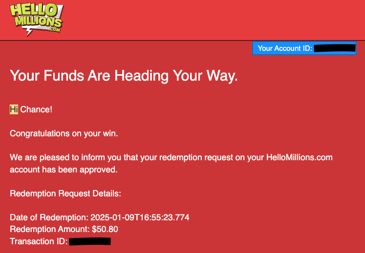 Hello Millions prize redemption notice
