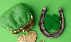 Irish green lucky charms: horseshoe, coins and shamrock