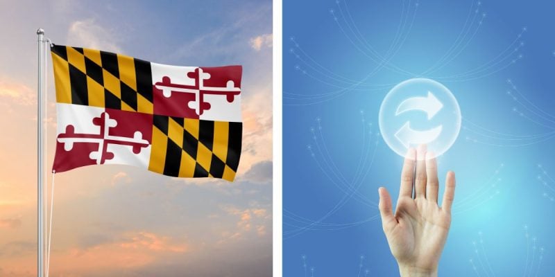 Maryland flag and hand pressing refresh button