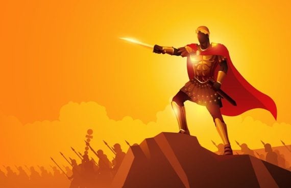 an illustration of julius caesar standing on a cliff and leading soldiers
