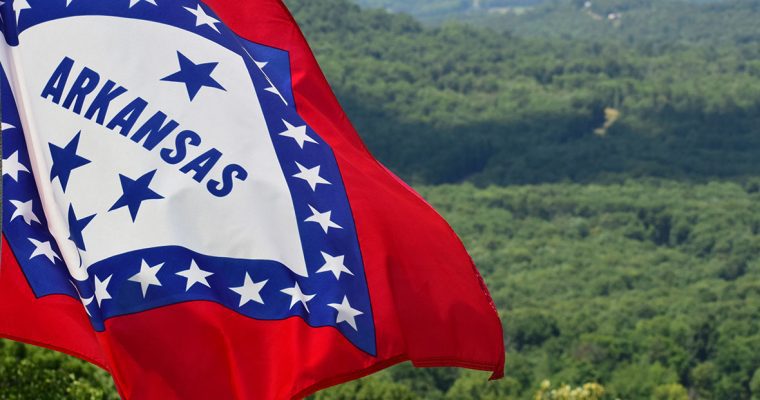 Arkansas State Flag Overlapping Forest Wilderness Landscape