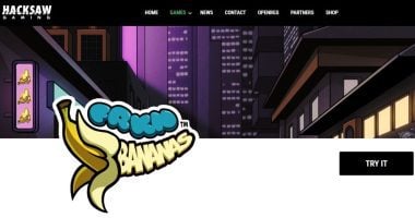 Screenshot of the home screen for FRKN Bananas, an online slot by Hacksaw Gaming