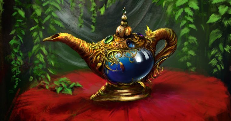 Gem-encrusted magic genie lamp digital painting