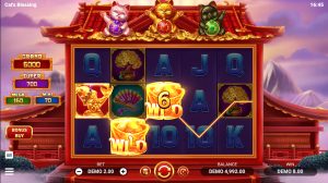 A screenshot showing the Wild symbol for Cat's Blessing, an online slot from Evoplay.