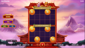 Screenshot showing the bonus game for Cat's Blessing with 2 features activated