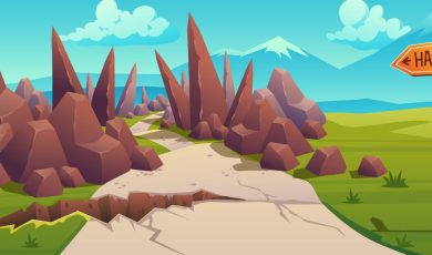 an illustration of a rocky path with a hard arrow pointing toward it