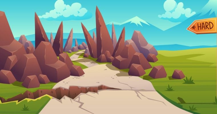 an illustration of a rocky path with a hard arrow pointing toward it