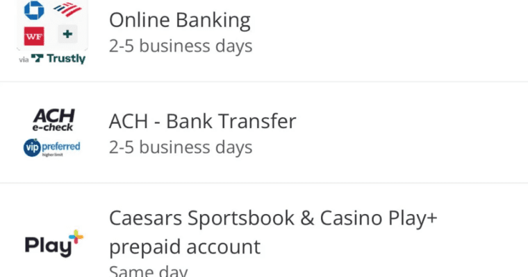 Examples of withdrawals at Caesars Palace Online Casino