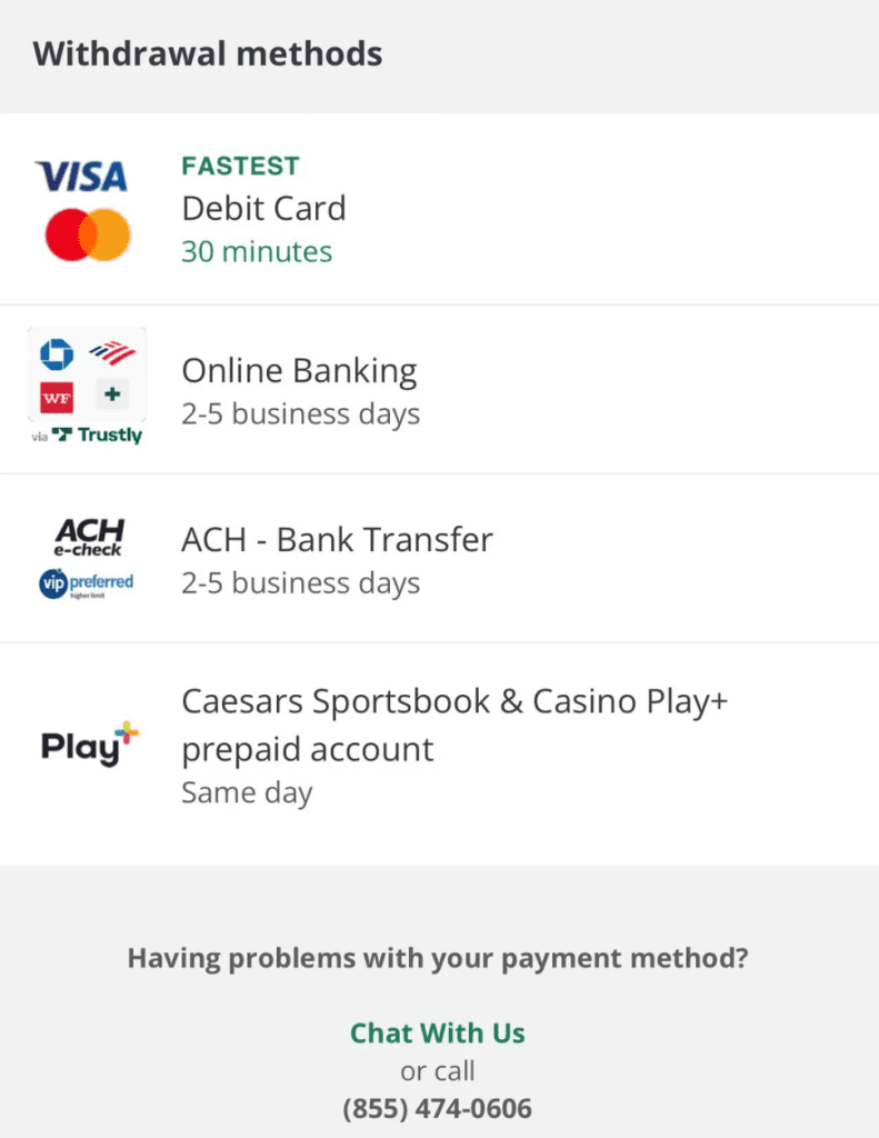 Examples of withdrawals at Caesars Palace Online Casino