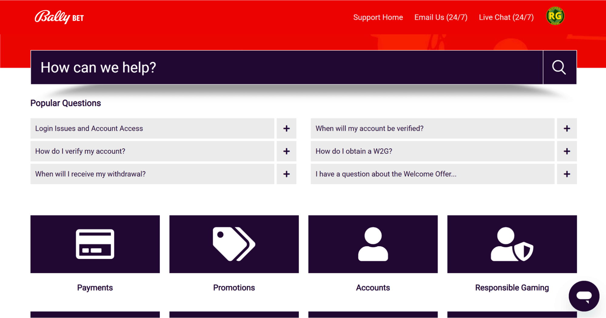 Customer support at Bally Online Casino