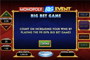 Screenshot of Monopoly Big Event, an online slot with a high RTP.