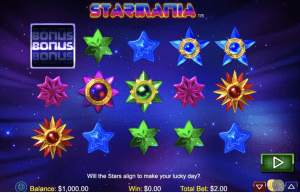 Screenshot of Starmania, an online slot with a high RTP.
