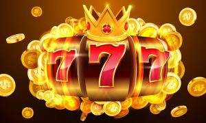 a set of 7s on a slot with a crown on top surrounded by coins