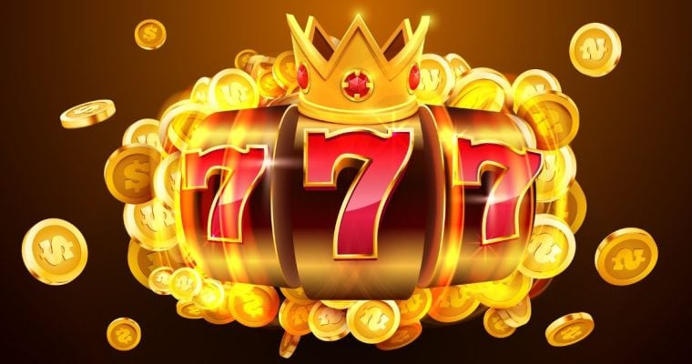 a set of 7s on a slot with a crown on top surrounded by coins
