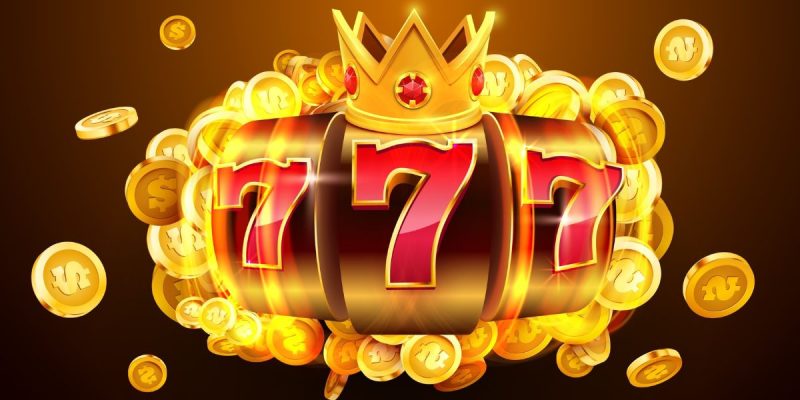 a set of 7s on a slot with a crown on top surrounded by coins