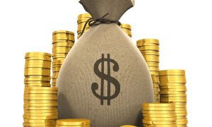 an illustration of a money bag surrounded by gold coins