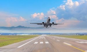 a plane taking off from a runway