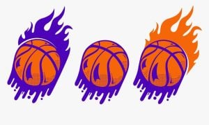 a series of three illustrated basketballs with various orange or purple flames around them
