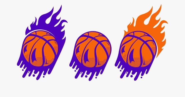 a series of three illustrated basketballs with various orange or purple flames around them