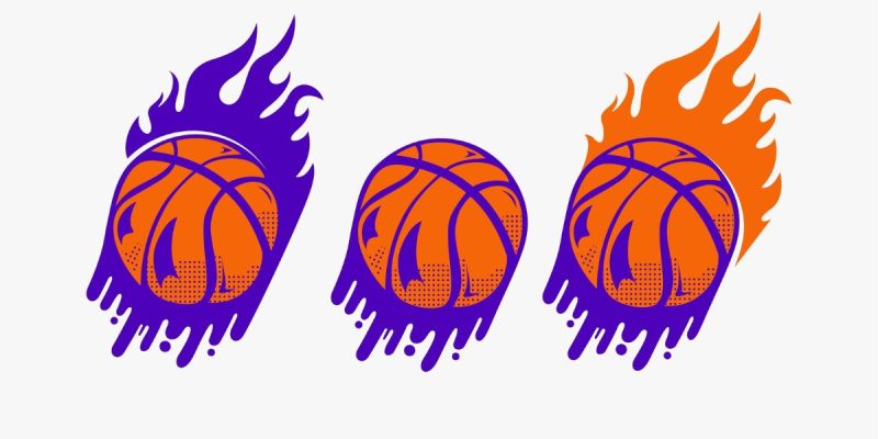 a series of three illustrated basketballs with various orange or purple flames around them