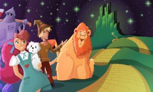 an illustration of the cast of the wizard of oz on the yellow-brick road