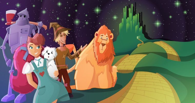 an illustration of the cast of the wizard of oz on the yellow-brick road