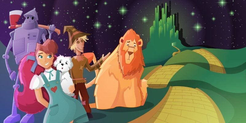 an illustration of the cast of the wizard of oz on the yellow-brick road