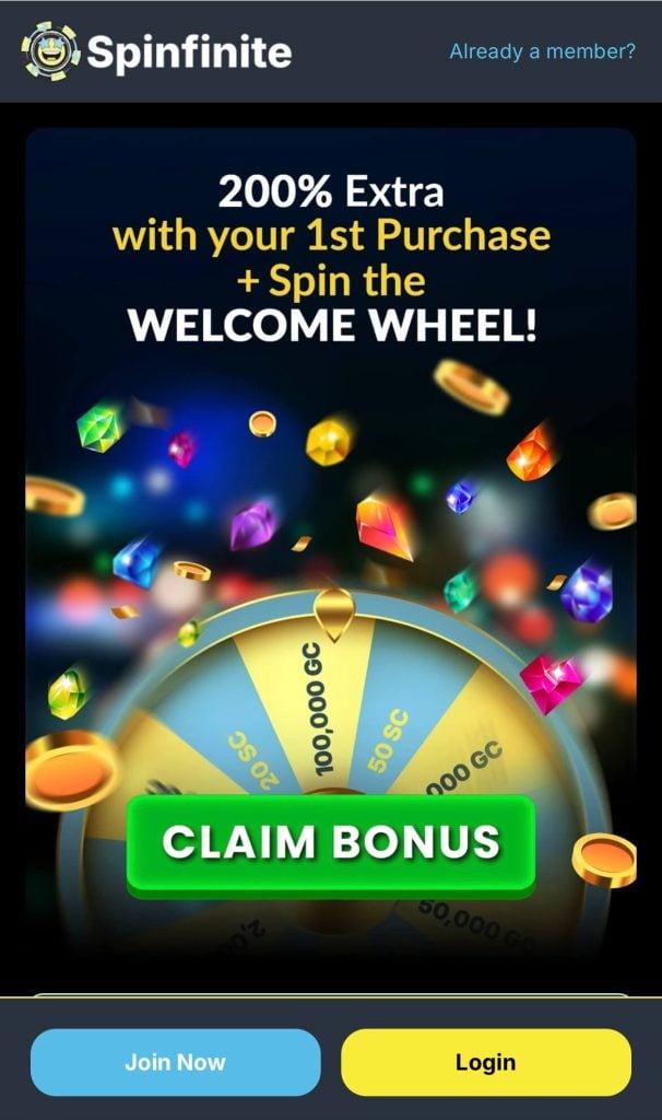 Spinfinite Casino sign-up page on mobile