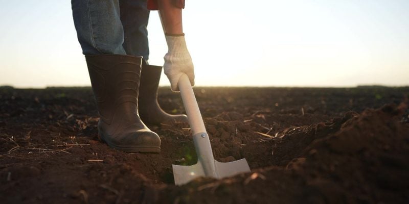 a person digging their shovel into the ground