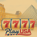 Promotional graphic for PlayUSA showing a golden slot machine reel with red sevens in front of the Louvre Museum and its glass pyramid. The PlayUSA logo appears prominently at the bottom, blending American-themed design with the Parisian backdrop.